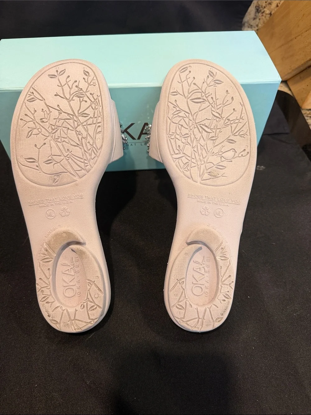OKAb sandals  with acrylic “cubes” on the front